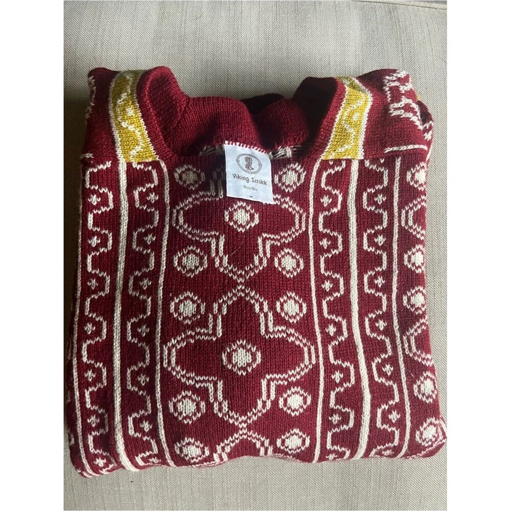 Viking Strikk Maroon Nordic Knit Sweater with Cream & Yellow Accents
